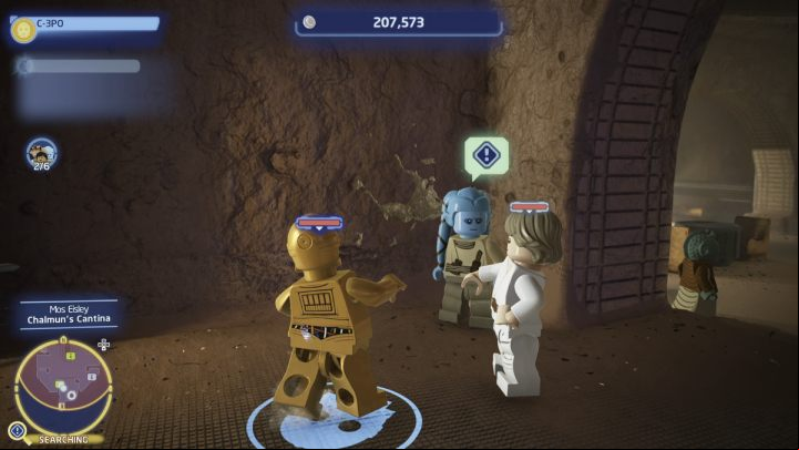 Go to the canteen as the protocol droid and talk to the character standing by the door - LEGO Skywalker Saga: Ma Klounkee Most Foul - walkthrough, description - Tatooine - Mos Eisley - LEGO Skywalker Saga Guide