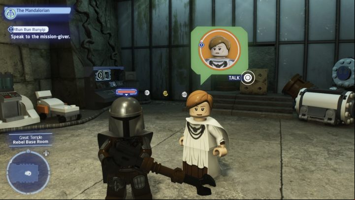 As the Bounty Hunter, talk to the NPC asg the mission at the rebel base - LEGO Skywalker Saga: Run Run Runyip - walkthrough description - Yavin 4 - The Great Temple - LEGO Skywalker Saga Guide