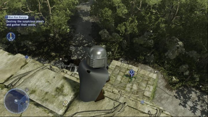 Jump down to the lower temple grounds and collect more seeds - LEGO Skywalker Saga: Run Run Runyip - walkthrough description - Yavin 4 - The Great Temple - LEGO Skywalker Saga Guide