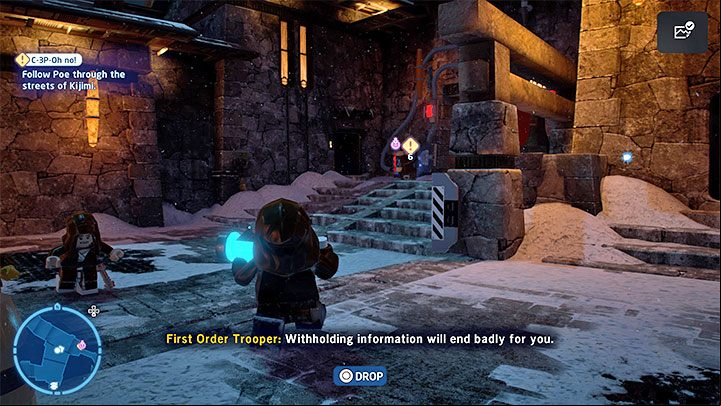 Reach the exclamation mark on the mini-map and you will find an energy source shown in picture 1 - LEGO Skywalker Saga: C-3P-Oh No! - walkthrough - Episode 9 - The Rise of Skywalker - LEGO Skywalker Saga Guide