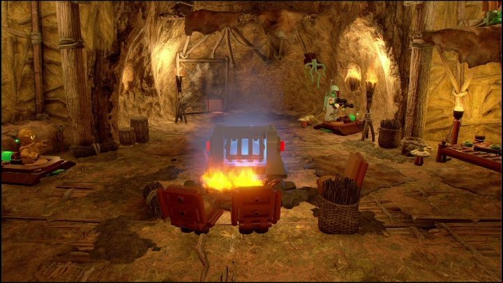 You can get another brick locked in the room by standing on 3 wooden buttons - LEGO Skywalker Saga: Ewok Village - list of all puzzles - Endor - LEGO Skywalker Saga Guide