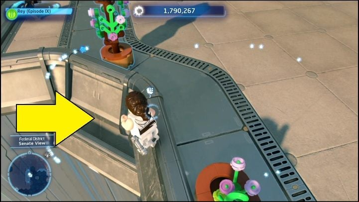The next part can be found under the footpath - LEGO Skywalker Saga: Federal District - list of puzzles - Coruscant - LEGO Skywalker Saga Guide