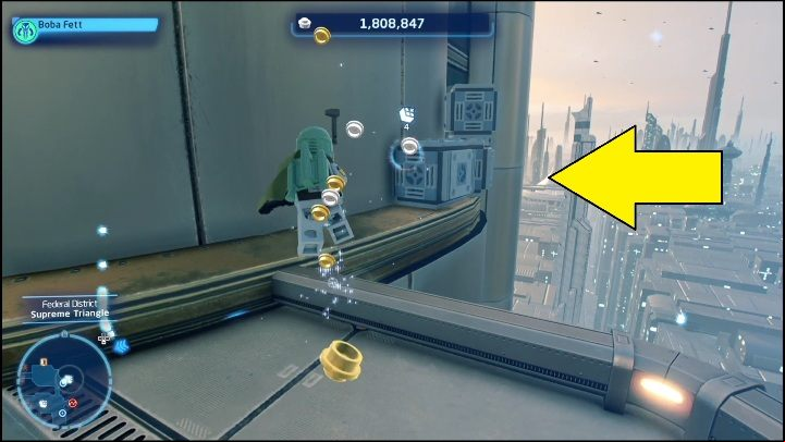 This brick can be found on the metal part of the building - LEGO Skywalker Saga: Federal District - list of puzzles - Coruscant - LEGO Skywalker Saga Guide