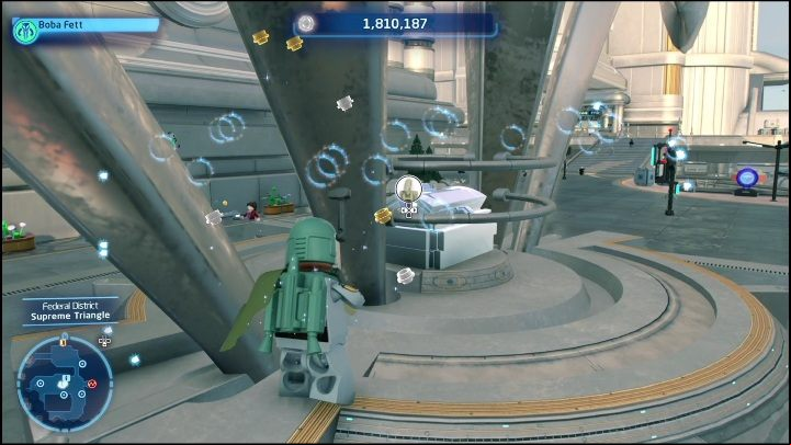 The brick is hidden in a chest under the statue right next to the taxi stop - LEGO Skywalker Saga: Federal District - list of puzzles - Coruscant - LEGO Skywalker Saga Guide