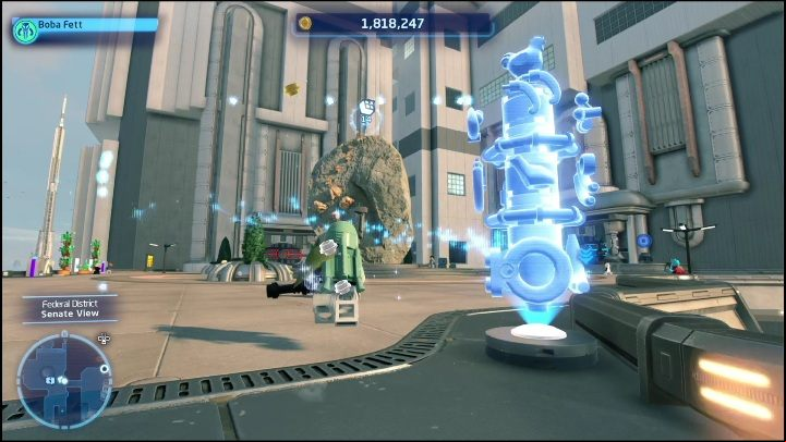 This brick is hanging over a large boulder that functions as a sculpture in the center of the federal district - LEGO Skywalker Saga: Federal District - list of puzzles - Coruscant - LEGO Skywalker Saga Guide