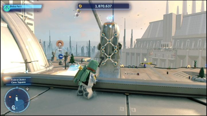To obtain this collectible, you will need a Scavenger with a net launcher and a rope (you will get these gadgets in episodes 6 and 7) - LEGO Skywalker Saga: Federal District - list of puzzles - Coruscant - LEGO Skywalker Saga Guide
