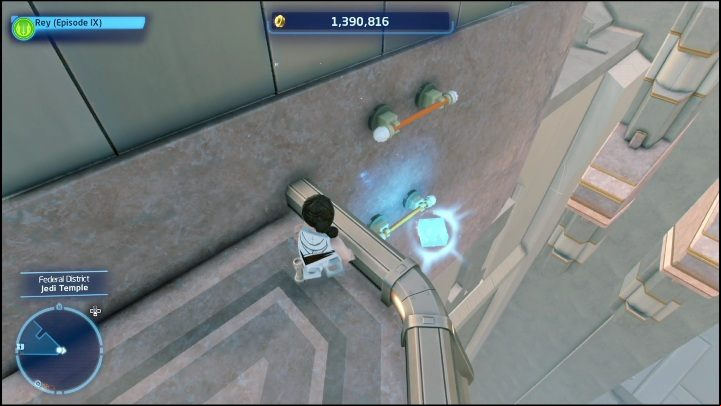 This brick is on the wall, to get to it you have to jump down the orange bars attached to the building - LEGO Skywalker Saga: Federal District - list of puzzles - Coruscant - LEGO Skywalker Saga Guide