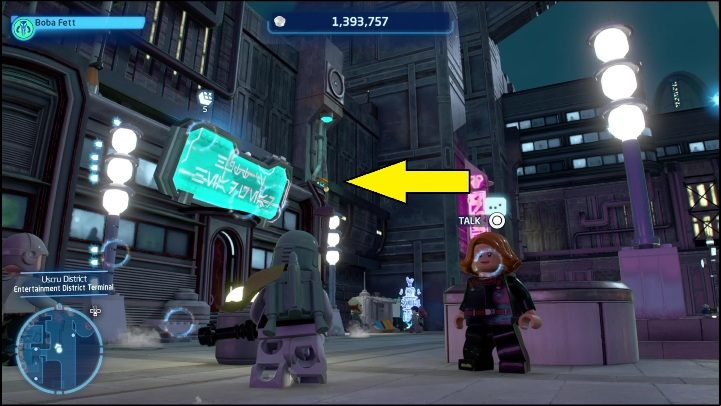 The Kyber Brick is on the outer side of a building's wall - LEGO Skywalker Saga: Uscru District - list of all puzzles - Coruscant - LEGO Skywalker Saga Guide