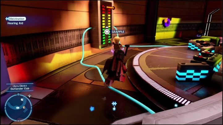 The collectible is by the speakers in the club - LEGO Skywalker Saga: Uscru District - list of all puzzles - Coruscant - LEGO Skywalker Saga Guide