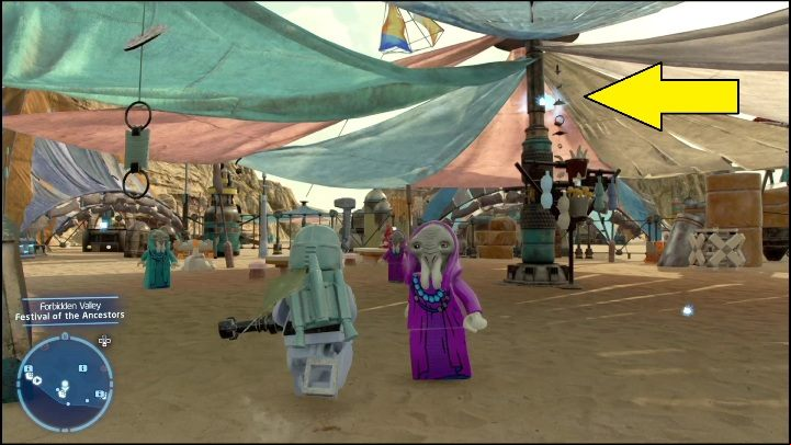 This brick is hanging right under the roof - LEGO Skywalker Saga: Forbidden Valley - list of all puzzles - Pasaana - LEGO Skywalker Saga Guide
