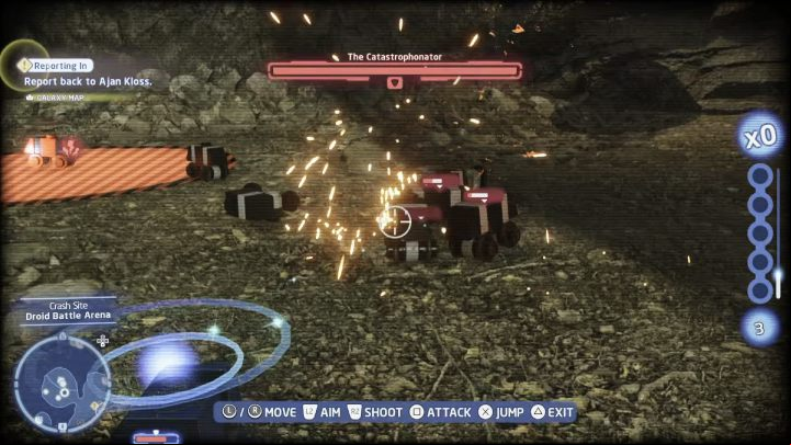 When the fight starts, switch your character to the Protocol Droid and use the machine to take control of the droid in the battle - LEGO Skywalker Saga: Kef Birs Battle Gears - walkthrough - Kef Bir - Disaster site - LEGO Skywalker Saga Guide