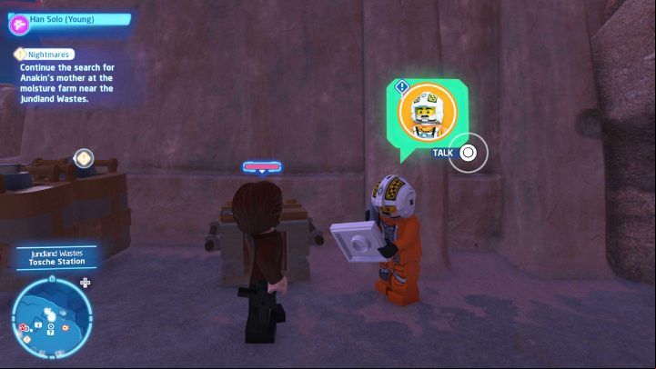 Talk to the questgiver in Jundland Wastes while playing as a Scoundrel - LEGO Skywalker Saga: Biggs Trouble - walkthrough - Tatooine - the desert of Jundland - LEGO Skywalker Saga Guide