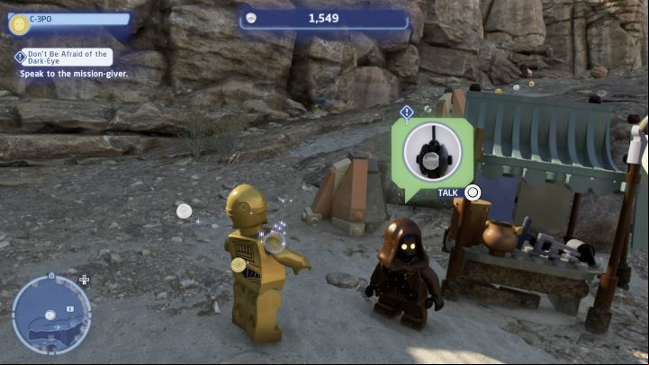 As a Protocol Droid, talk to the NPC and accept the task - LEGO Skywalker Saga: Dont Be Afraid of the Darkeye - walkthrough - Tatooine - the desert of Jundland - LEGO Skywalker Saga Guide