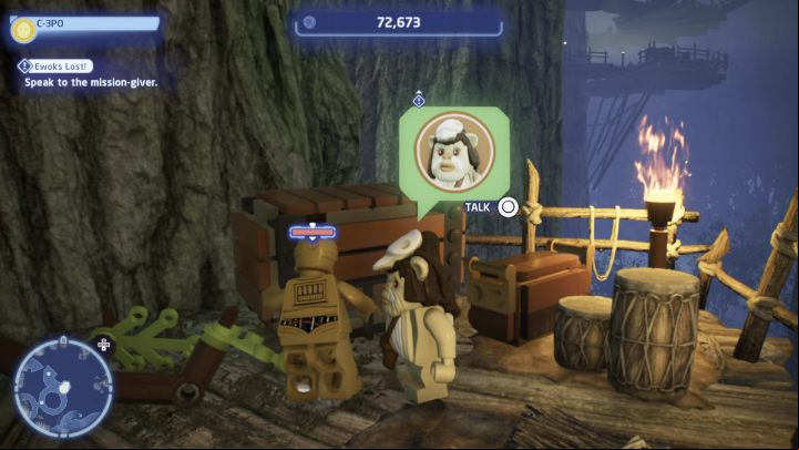While controlling the protocol droid, talk to the NPC in the Ewok village - LEGO Skywalker Saga: Ewoks Lost! - walkthrough - Endor - the ewok village - LEGO Skywalker Saga Guide