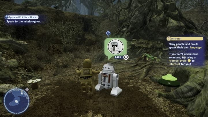 Talk to the questgiver while controlling a protocol droid - LEGO Skywalker Saga: Episode IV: A New Home - walkthrough - Dagobah - Dragonlance Swamp - LEGO Skywalker Saga Guide
