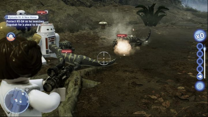 While following the droid switch to a character equipped with a blaster, letting you easily defend it from wild animals - LEGO Skywalker Saga: Episode IV: A New Home - walkthrough - Dagobah - Dragonlance Swamp - LEGO Skywalker Saga Guide