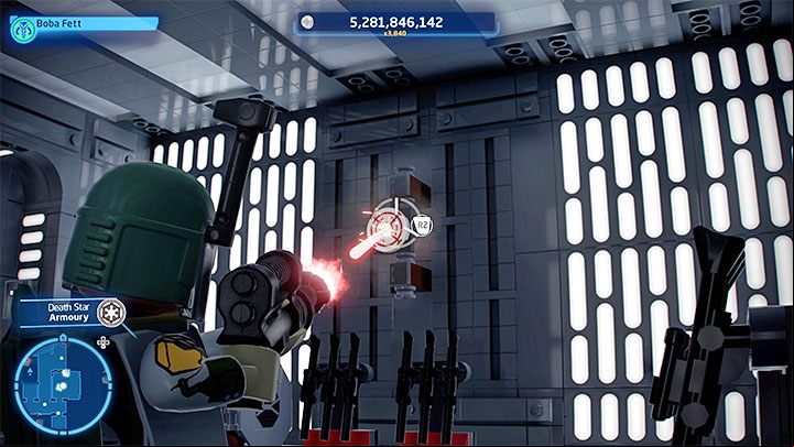 The puzzle is simple - there are 4 shields in the room with the locked container - LEGO Skywalker Saga: Death Star I (Death Star I) - unlocking and list of all puzzles - Flagships - LEGO Skywalker Saga Guide