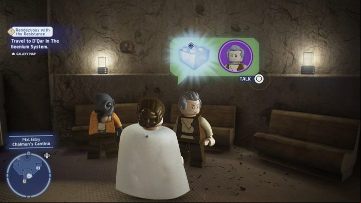 Talk to the NPC in the Mos Eisley canteen and accept the quest - LEGO Skywalker Saga: No Arm in Asking - walkthrough - Tatooine - Mos Eisley - LEGO Skywalker Saga Guide