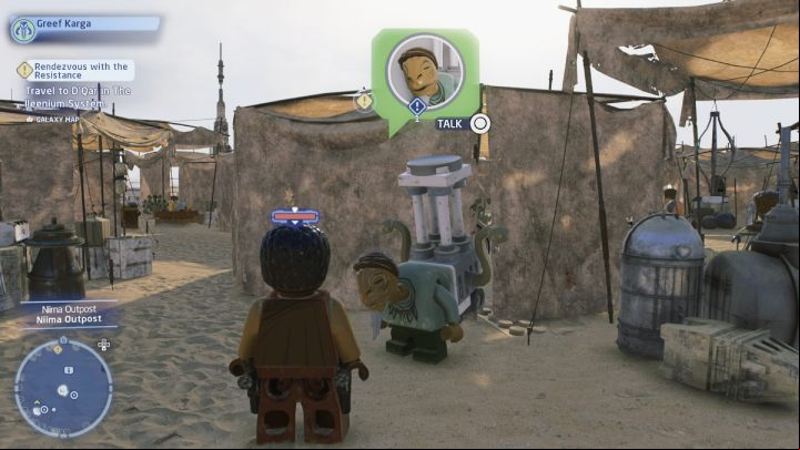 While controlling the Bounty Hunter, talk to the NPC at the market in Niima - LEGO Skywalker Saga: Scurrier Courier - walkthrough - Jakku - Niima Settlement - LEGO Skywalker Saga Guide