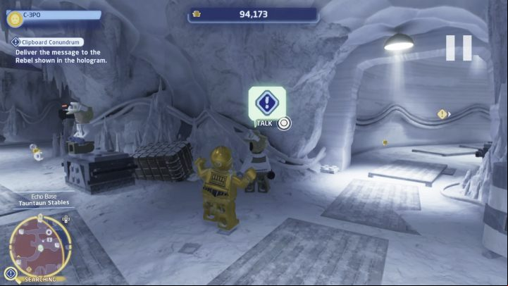 Follow the marker to the search area and talk to the rebel standing by the ice wall - LEGO Skywalker Saga: Clipboard Conundrum - walkthrough - Hoth - Echo base - LEGO Skywalker Saga Guide