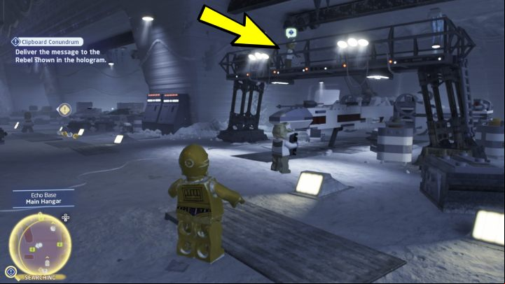 The person you're looking for is on a platform in the main hangar - LEGO Skywalker Saga: Clipboard Conundrum - walkthrough - Hoth - Echo base - LEGO Skywalker Saga Guide