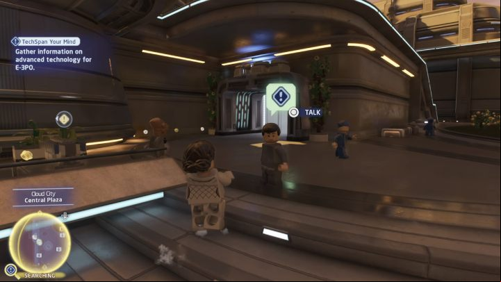 Follow the marker to the search area and talk to the man by the stairs, near the huge fountain - LEGO Skywalker Saga: TechSpan Your Mind - walkthrough - Bespin - City in the Clouds - LEGO Skywalker Saga Guide