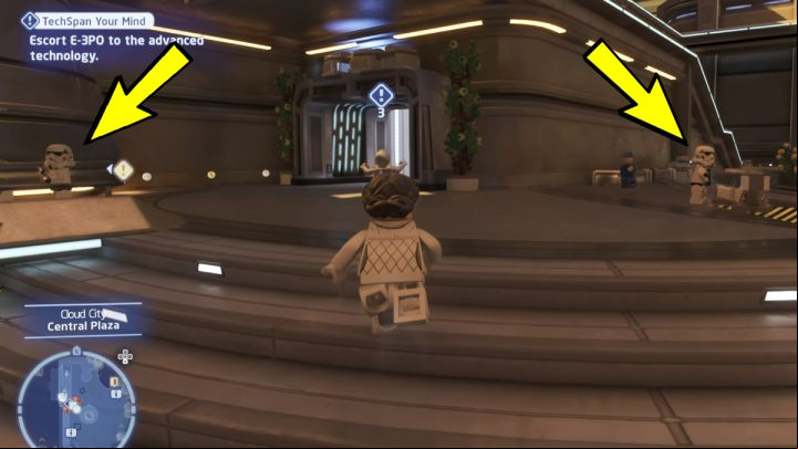 Follow the droid until you reach the building the man you talked to before entered - LEGO Skywalker Saga: TechSpan Your Mind - walkthrough - Bespin - City in the Clouds - LEGO Skywalker Saga Guide