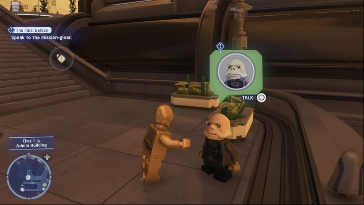 Talk to the questgiver standing by the Cloud City stairs while playing as a protocol droid - LEGO Skywalker Saga: The Final Beldon - walkthrough - Bespin - City in the Clouds - LEGO Skywalker Saga Guide