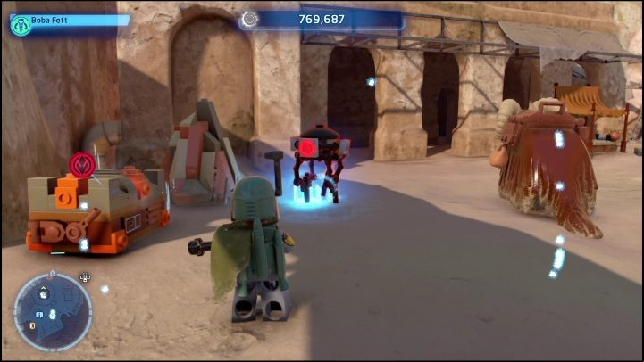 One of the droids walking in the southern part of the location has this brick - LEGO Skywalker Saga: Mos Espa - list of all puzzles - Tatooine - LEGO Skywalker Saga Guide