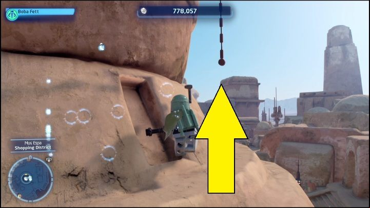 This brick can be found on the roof of the building in the south-eastern part of the location - LEGO Skywalker Saga: Mos Espa - list of all puzzles - Tatooine - LEGO Skywalker Saga Guide