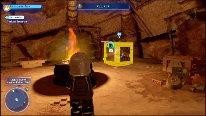 This brick can be found in the tent, in order to get to it you have to shoot down the chest as the Bounty Hunter - LEGO Skywalker Saga: Jundland Wastes - list of all puzzles - Tatooine - LEGO Skywalker Saga Guide