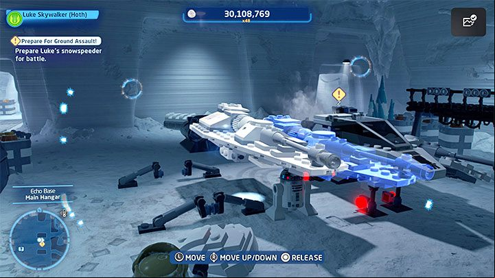 The second step is to use the Force to move the wing and attach it to the right side of the machine - LEGO Skywalker Saga: Assault on Echo Base - walkthrough - Episode 5 - The Empire Strikes Back - LEGO Skywalker Saga Guide