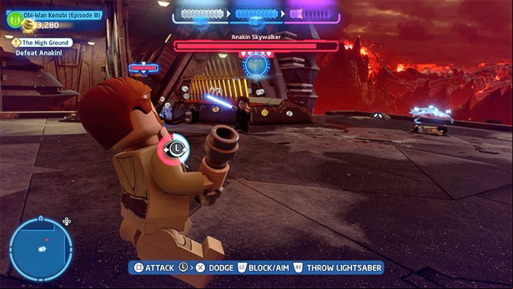 Anakin has typical attacks for bosses using the Force - LEGO Skywalker Saga: The High Ground - walkthrough - Episode 3 - Revenge of the Sith - LEGO Skywalker Saga Guide