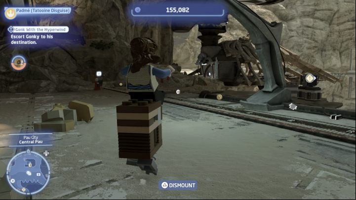 Then switch to a character equipped with ranged weaponry so you can protect the droid while escorting him - LEGO Skywalker Saga: Gonk With the Hyperwind - walkthrough - Utapau - City of Pau - LEGO Skywalker Saga Guide