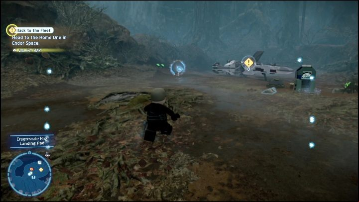 This Kyber Brick is just lying on the map, on the left side of the ship - LEGO Skywalker Saga: Dragonsnake Bog - list of all puzzles - Dagobah - LEGO Skywalker Saga Guide