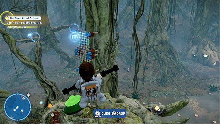 The brick levitates next to the vertical platforms for hanging nets - see picture above - LEGO Skywalker Saga: Dragonsnake Bog - list of all puzzles - Dagobah - LEGO Skywalker Saga Guide