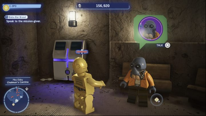 While controlling the protocol droid, talk to the quest giver at the door in the canteen - LEGO Skywalker Saga: Baba Bar Brawl - walkthrough - Tatooine - Mos Eisley - LEGO Skywalker Saga Guide