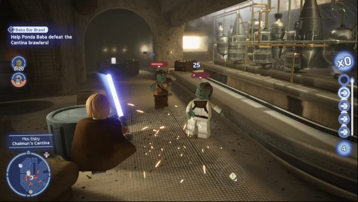 Switch to any other character because droids cannot enter the bar and defeat all 20 enemies in the canteen - LEGO Skywalker Saga: Baba Bar Brawl - walkthrough - Tatooine - Mos Eisley - LEGO Skywalker Saga Guide