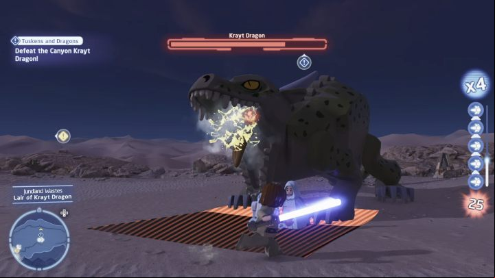 Finally, defeat the dragon, being careful not to get within its attack range - LEGO Skywalker Saga: Tuskens and Dragons - walkthrough - Coruscant - federal district - LEGO Skywalker Saga Guide