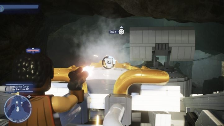 As Bounty Hunter, jump on the ship and shoot down 2 elements near the golden parts of the vehicle - LEGO Skywalker Saga: Resistance Camp - list of all puzzles - Ajan Kloss - LEGO Skywalker Saga Guide