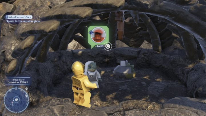 While controlling the Protocol Droid, talk to the quest giver and accept the quest - LEGO Skywalker Saga: Wheelbarrow Woes - walkthrough - Ahch-To - Island with a temple - LEGO Skywalker Saga Guide