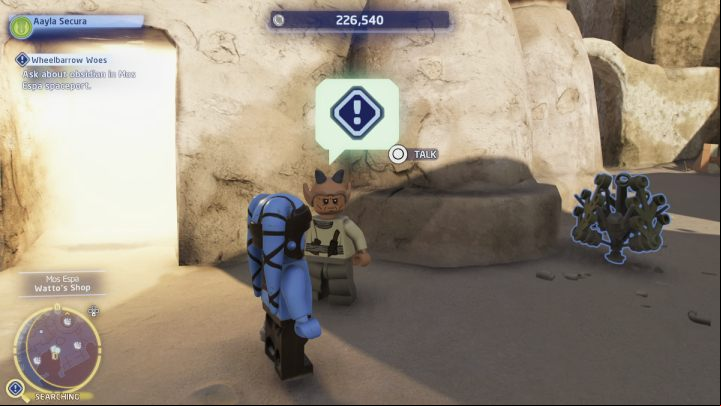 Fly to Mos Espa on the planet Tatooine and talk to the man standing at the city gate - LEGO Skywalker Saga: Wheelbarrow Woes - walkthrough - Ahch-To - Island with a temple - LEGO Skywalker Saga Guide