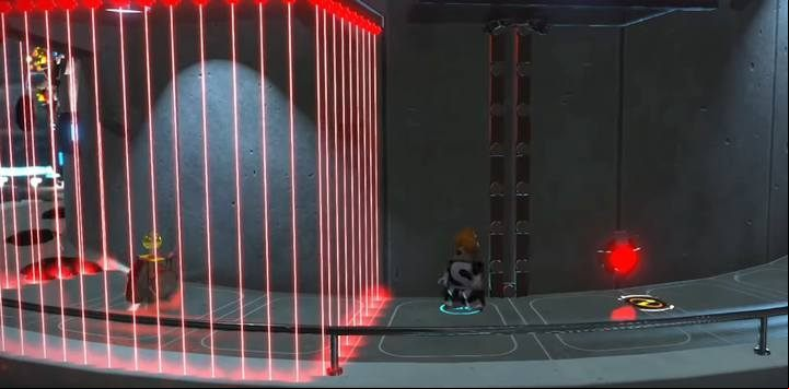 Climbing the tower on the right side of the room, you will find a Minikit hidden behind some lasers - Minikit in level 10 (Return to Nomanisan Island) in LEGO The Incredibles - Location of all minikits - LEGO The Incredibles Game Guide