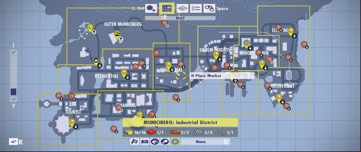A Map of Municiberg. - General information about maps of challenges and golden bricks - Maps of challenges and golden bricks - LEGO The Incredibles Game Guide