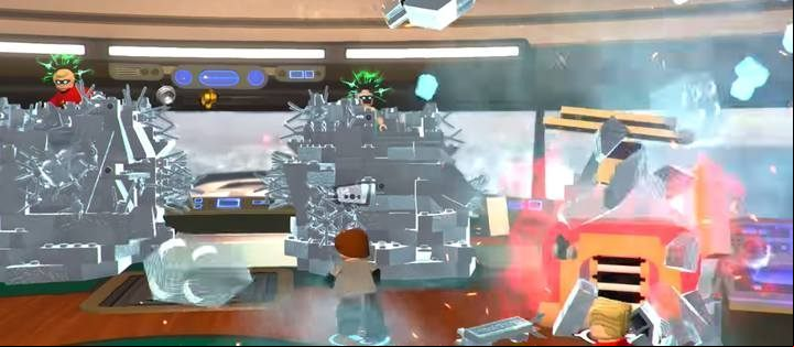 In the second part of the encounter you need to destroy the control located to the right of the enemies - Screenslaver Showdown - Level 6 in LEGO The Incredibles Walkthrough - Walkthrough - LEGO The Incredibles Game Guide