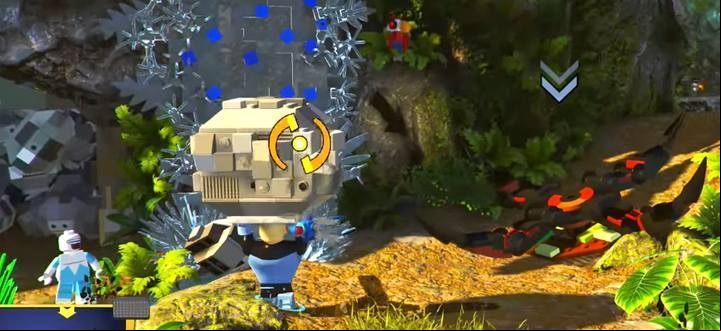 Aim - by holding the attack button - to hit the plant-trap with the rock. - Nomanisan Island - Level 9 in LEGO The Incredibles Walkthrough - Walkthrough - LEGO The Incredibles Game Guide