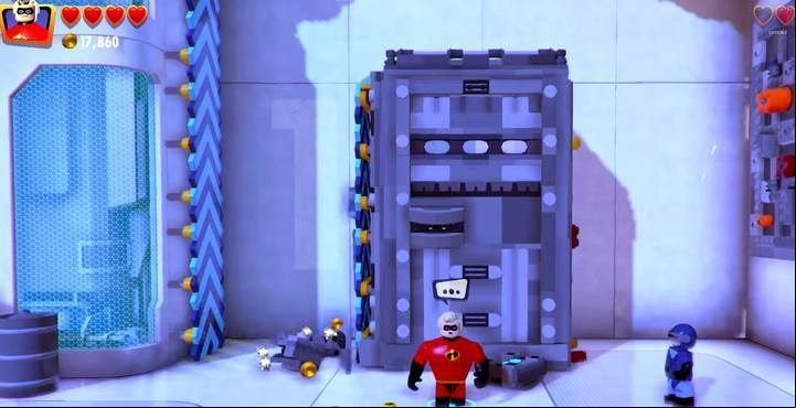 Pick up the block and carry it to the left, allowing Gazerbeam to climb up. - Return to Nomanisan Island - Level 10 in LEGO The Incredibles Walkthrough - Walkthrough - LEGO The Incredibles Game Guide