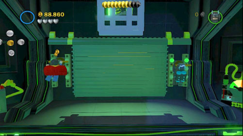Now move to the top right corner and use electric current on the device (the platform will lower) Move up and use both heroes to hang on two levers (picture) - Destination Metropolis | Walkthrough - Walkthrough - LEGO Batman 2: DC Super Heroes Game Guide & Walkthrough