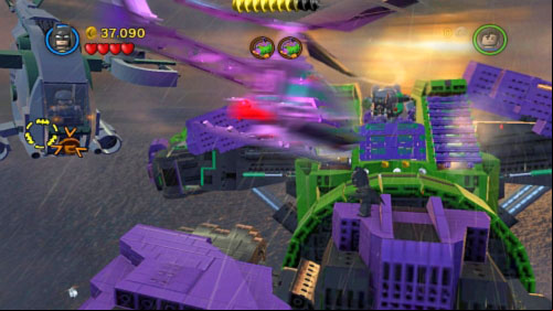 When you land at the robot use Batmans hook on the orange point on enemys flying machine (picture) and eliminate the pilot - Down to Earth | Walkthrough - Walkthrough - LEGO Batman 2: DC Super Heroes Game Guide & Walkthrough