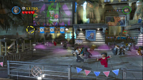 Throw Batarang at three silver bricks on the left (picture) - The Next President | Walkthrough - Walkthrough - LEGO Batman 2: DC Super Heroes Game Guide & Walkthrough